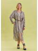 Patterned Shirt Collar Belt Detailed Beige Long Sleeve Dress 4450